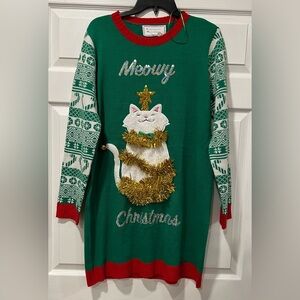NWT Women XL Meowy Christmas Green LS Cat-Themed “Ugly Christmas Sweater” Dress
